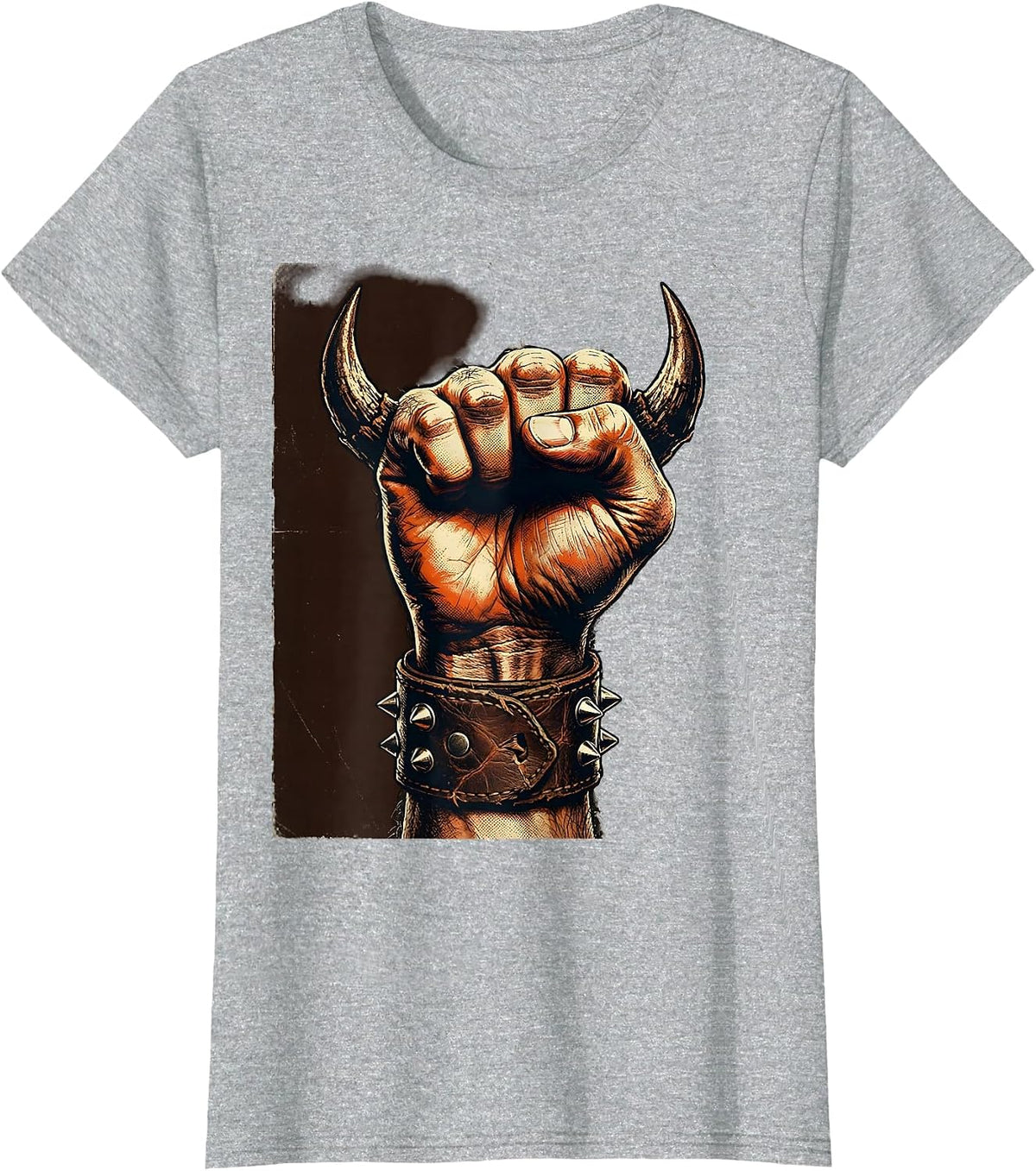 80s Rock Devil Horns Fist Raised Graphic T-Shirt - Heather Grey