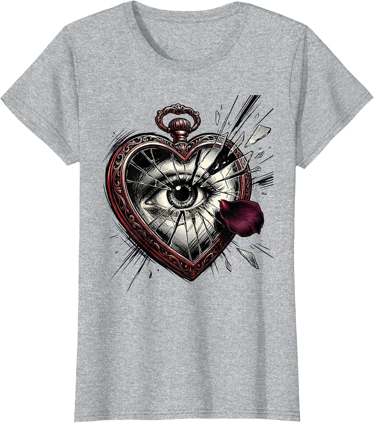 Emo Cracked Locket Mirror Gothic Design T-Shirt - Heather Grey