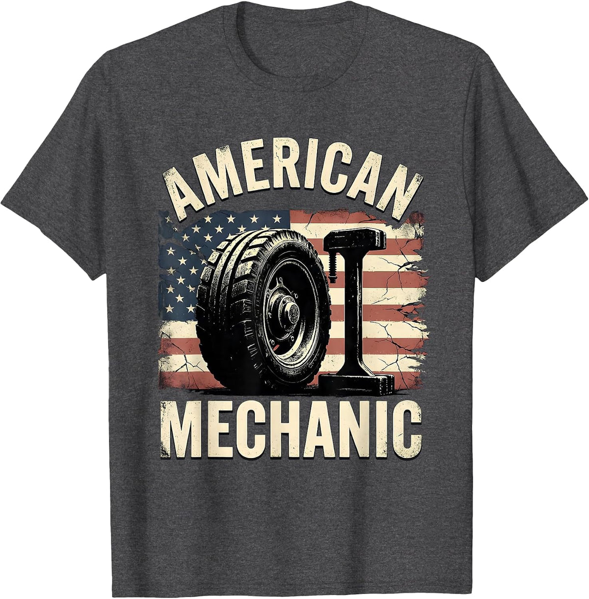 American Mechanic Distressed Patriotic Mechanic Gift T-Shirt - Dark Heather Grey