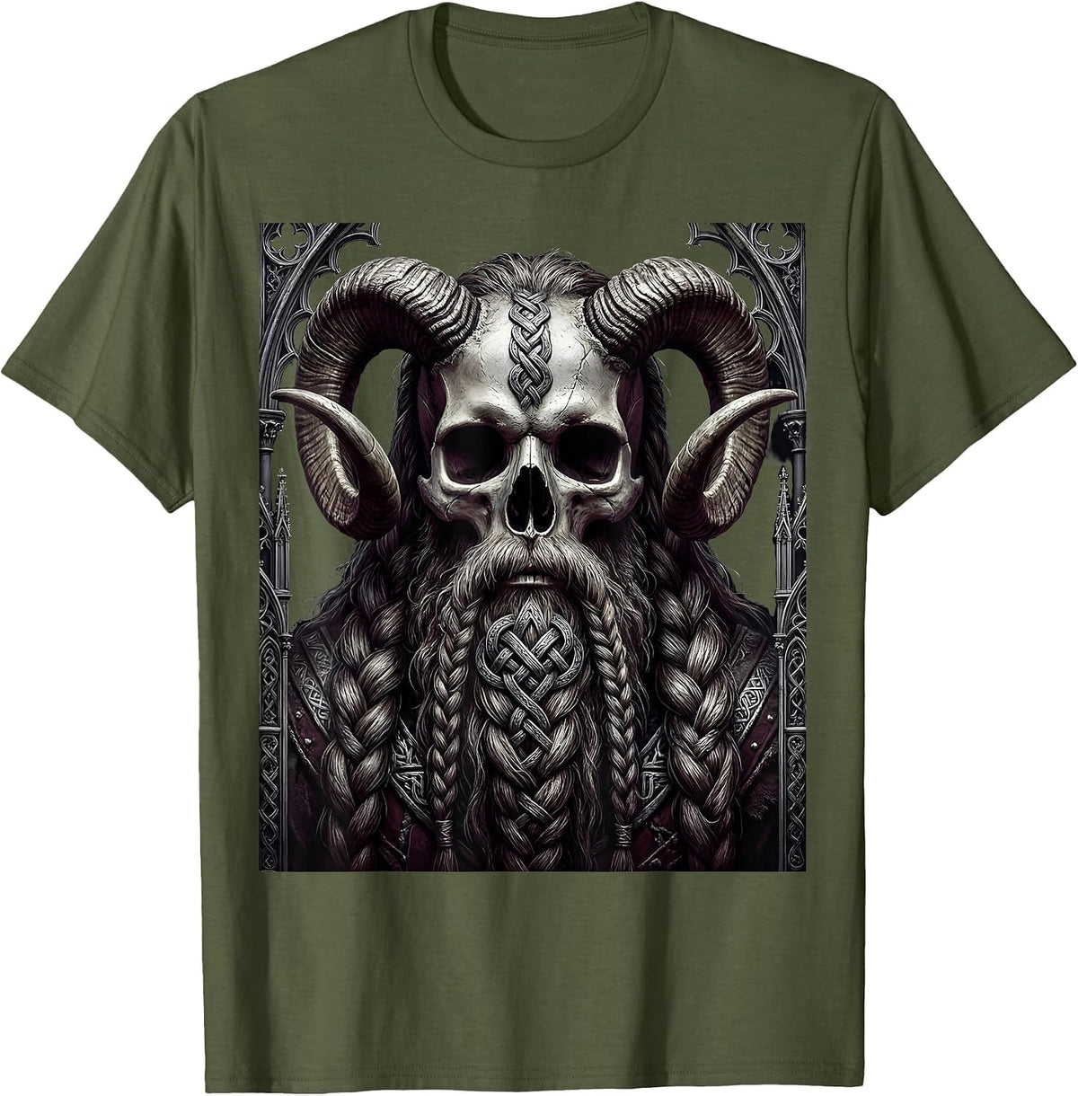 Viking Skull Bearded Horned Metal Graphic Design T-Shirt - Olive Green