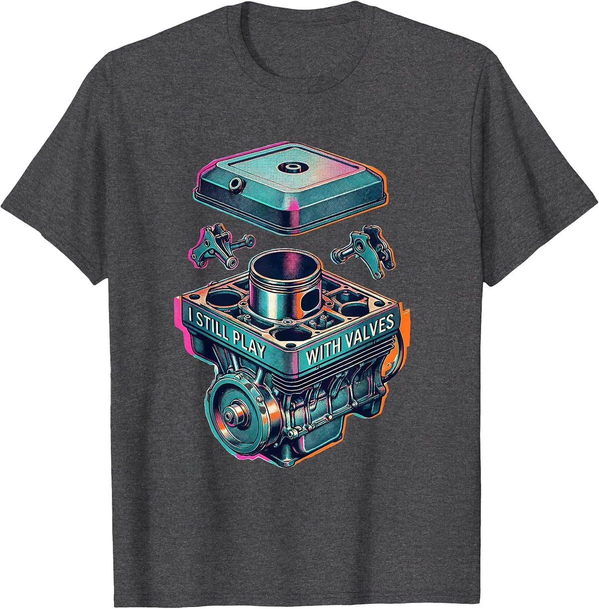 I Still Play With Valves Risograph Mechanic Engine Block T-Shirt - Dark Heather Grey
