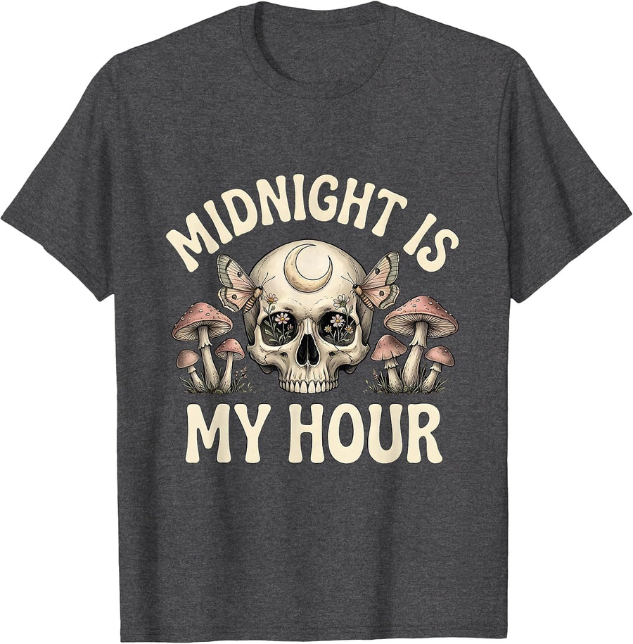 Men's Midnight Is My Hour Skull Design T-Shirt - Dark Heather Grey