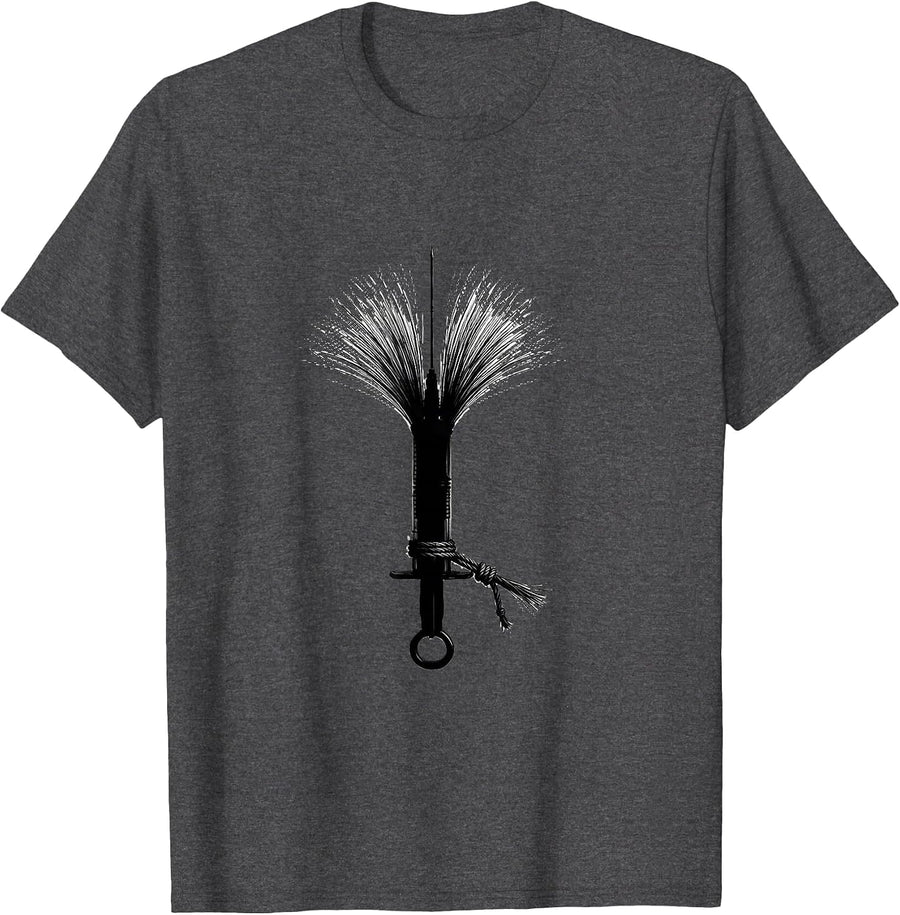 Men's Dental Syringe Witch Broom Minimalist Halloween Dentist T-Shirt - Dark Heather Grey