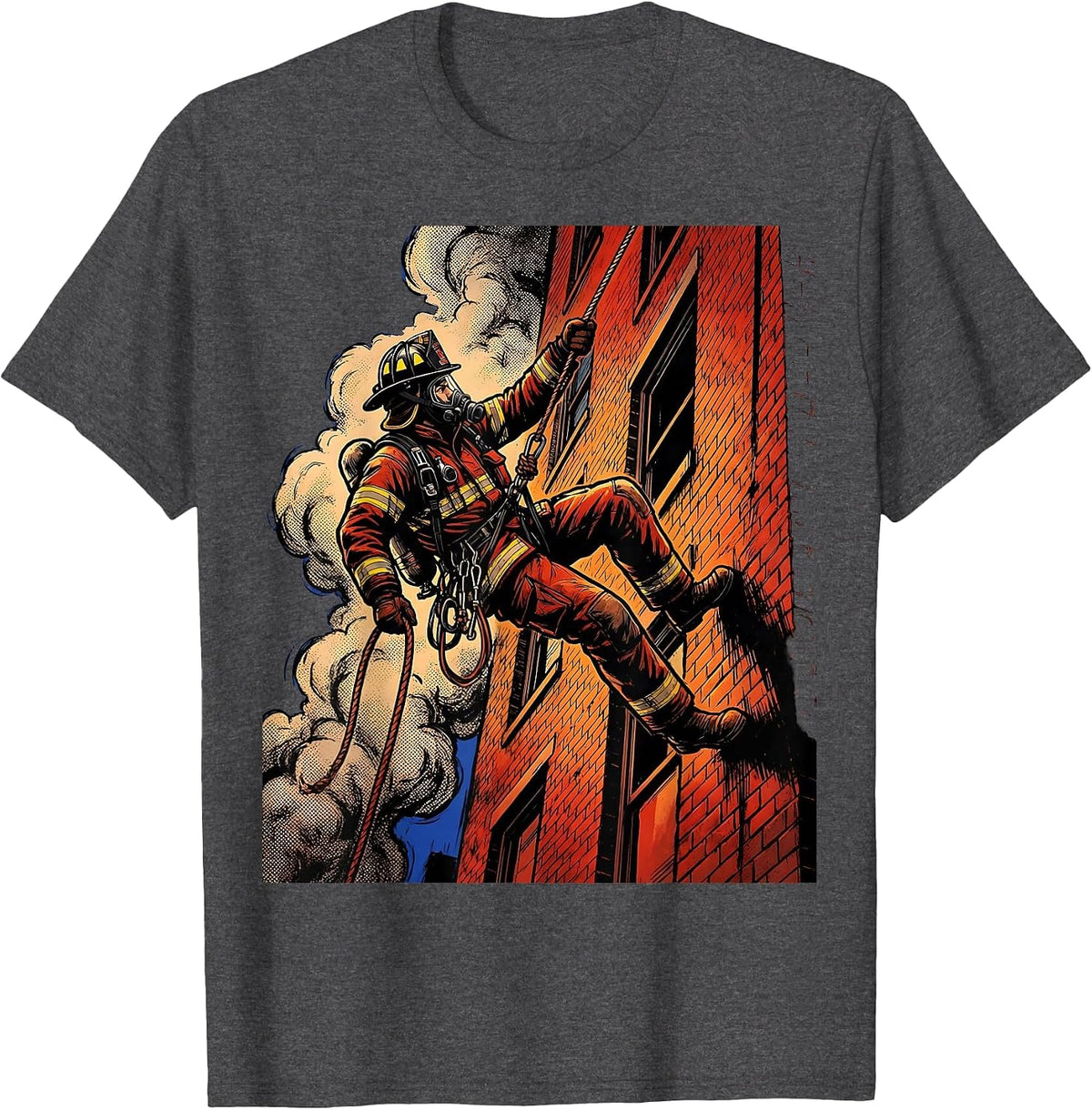 Firefighter Rappelling Smoke-Filled Building Graphic T-Shirt - Dark Heather Grey
