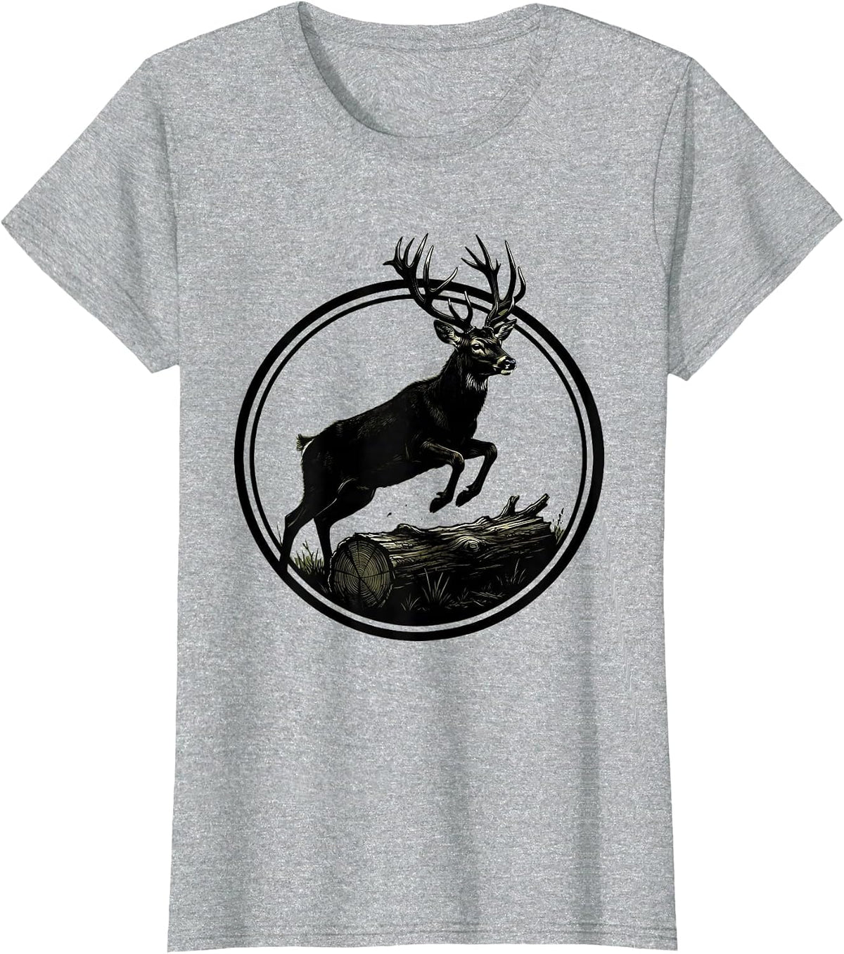 Women's Camo Buck Deer Leaping Over Fallen Log T-Shirt - Heather Grey