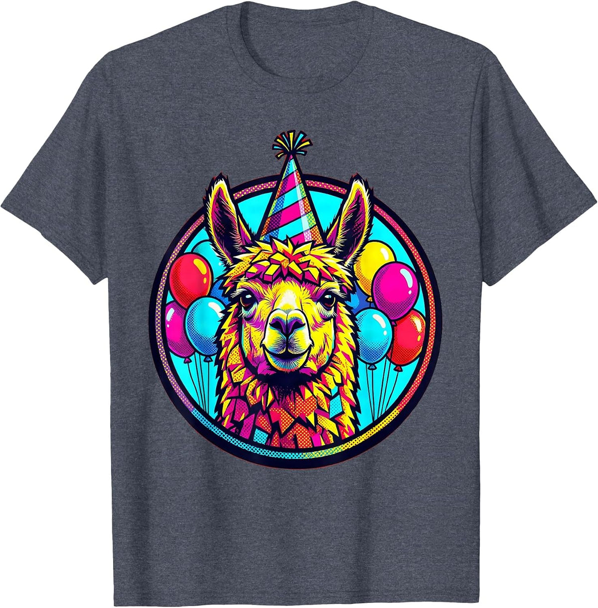 Llama 8th Birthday Party Hat Balloons Illustration T-Shirt - Heather Blue