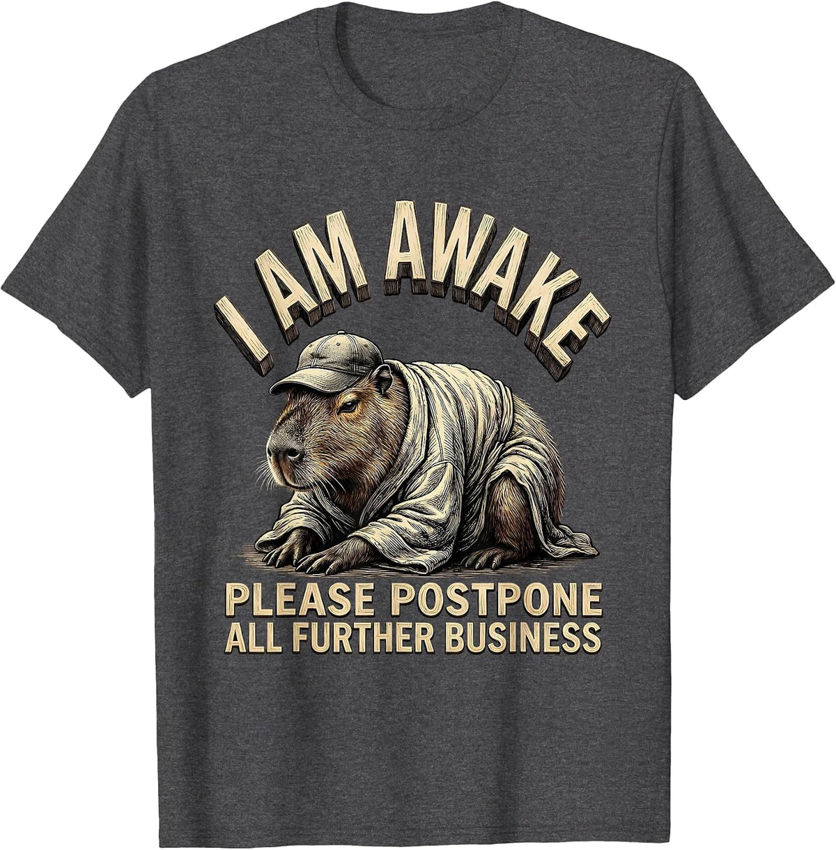 Men's I Am Awake Please Postpone All Further Business Funny T-Shirt - Dark Heather Grey