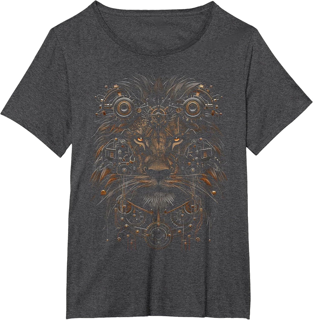 Steampunk Lion Bronze and Black Artwork Graphic T-Shirt - Dark Heather Grey