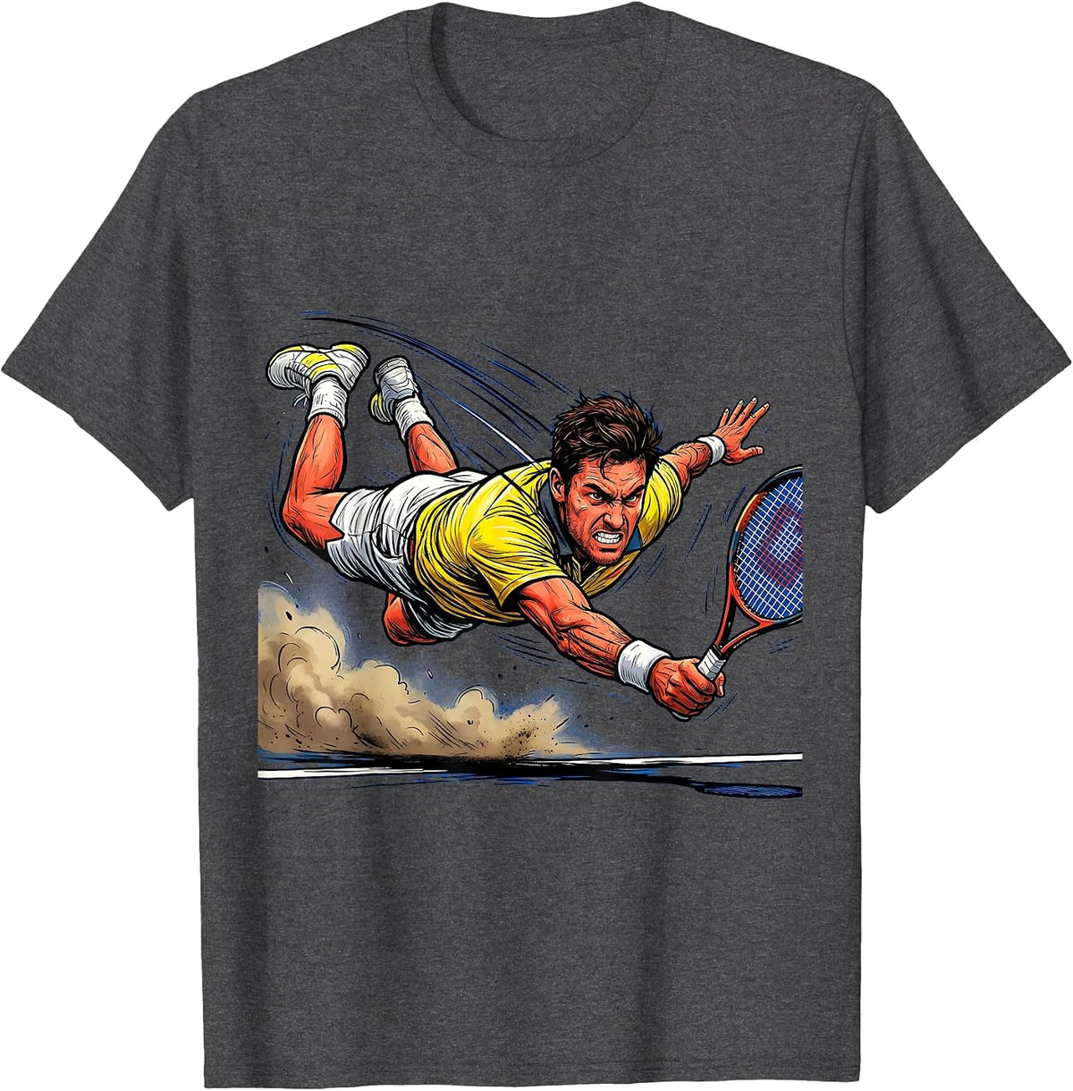 Tennis Player Diving Low Backhand Shot Graphic T-Shirt - Dark Heather Grey