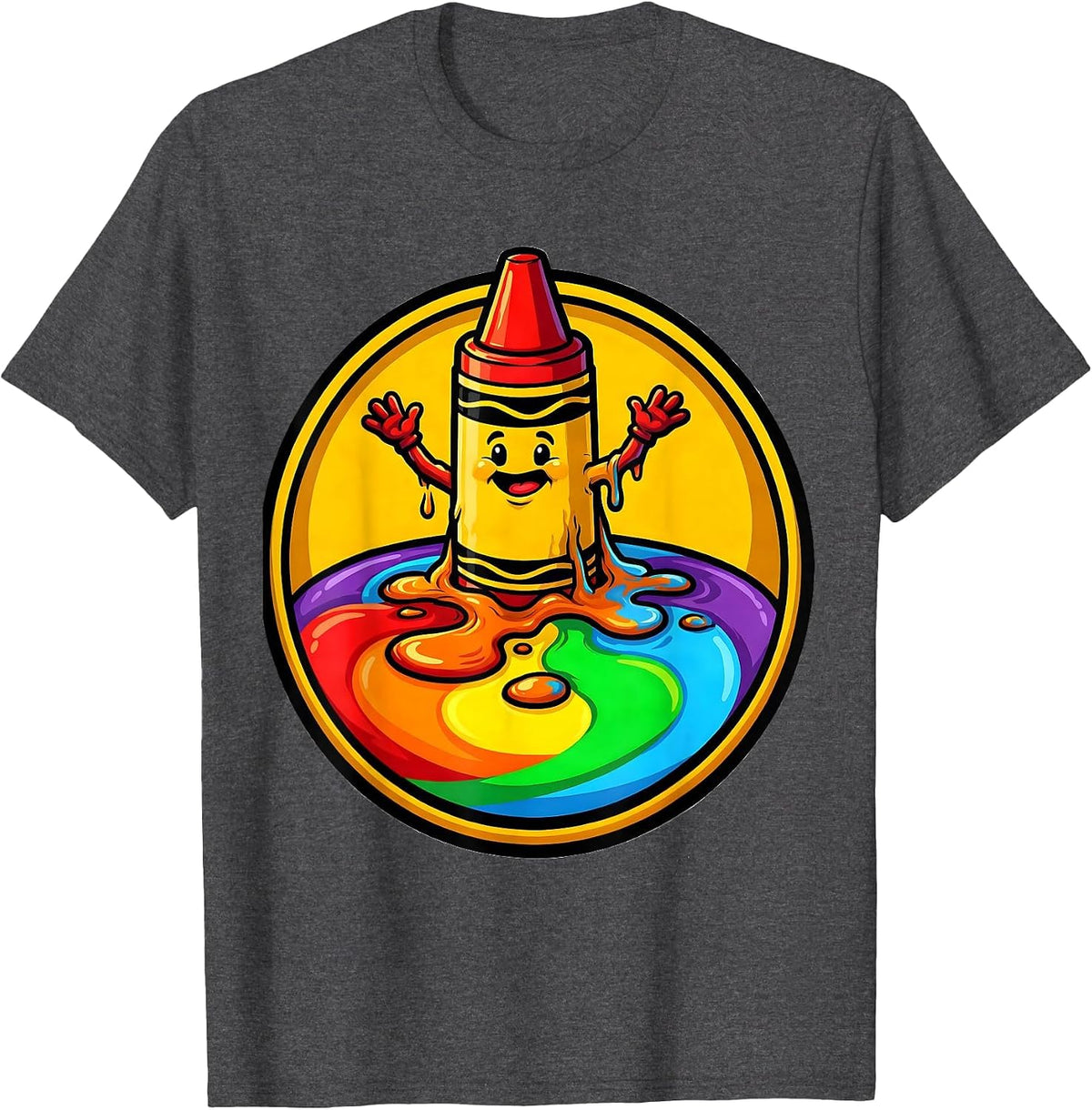 Men's Third Grade Teacher Melting Crayon Rainbow Art T-Shirt - Dark Heather Grey