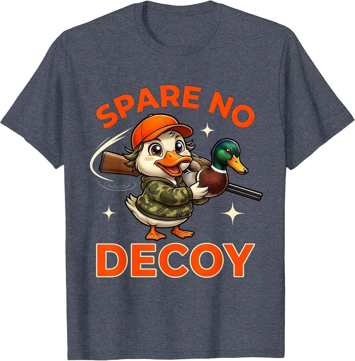 SPARE NO DECOY Funny Duck Hunter Cartoon Hunting Camp T-Shirt - Heather Blue