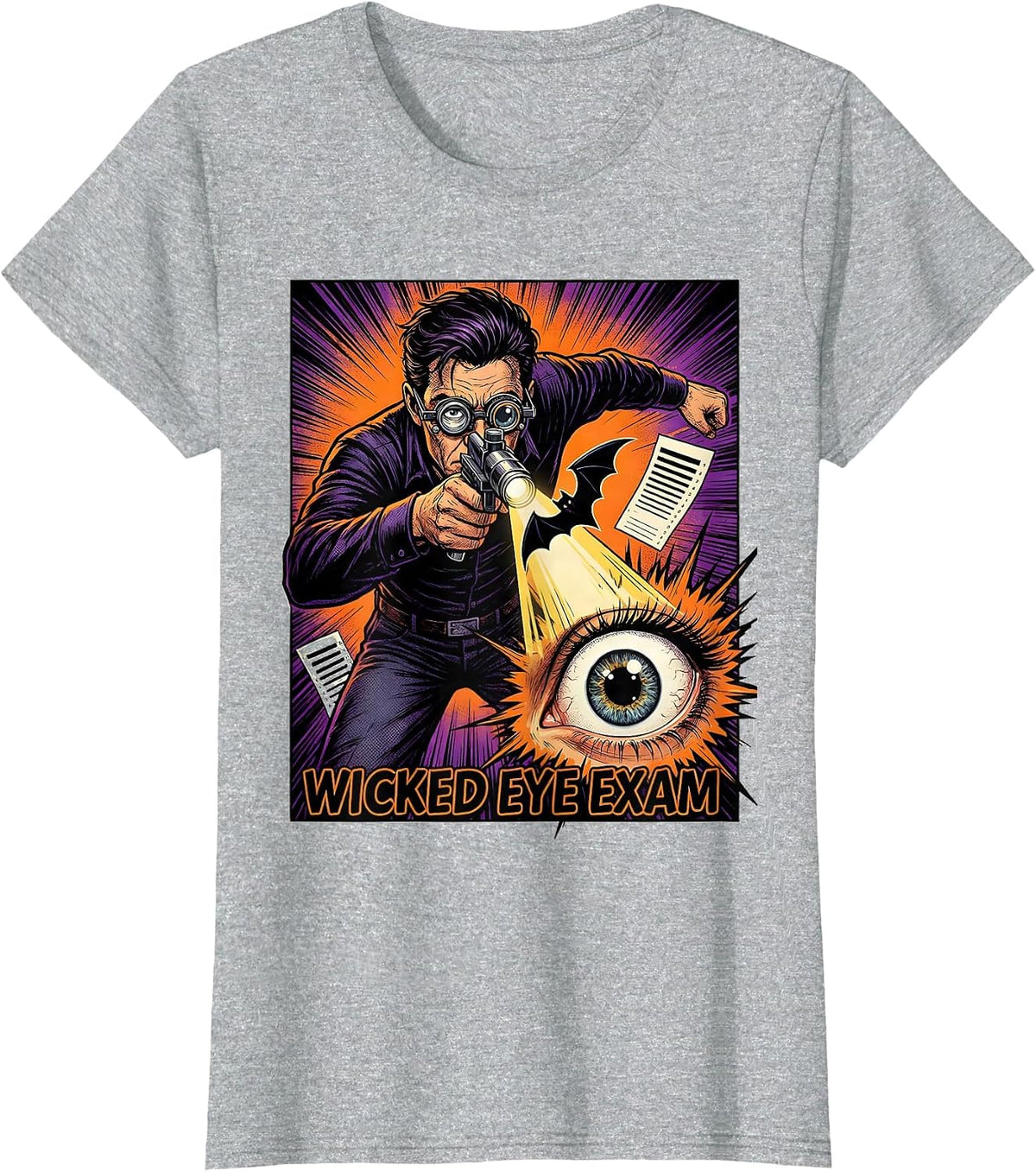 Women's Wicked Eye Exam Comic Book Optometrist Halloween Humor T-Shirt - Heather Grey