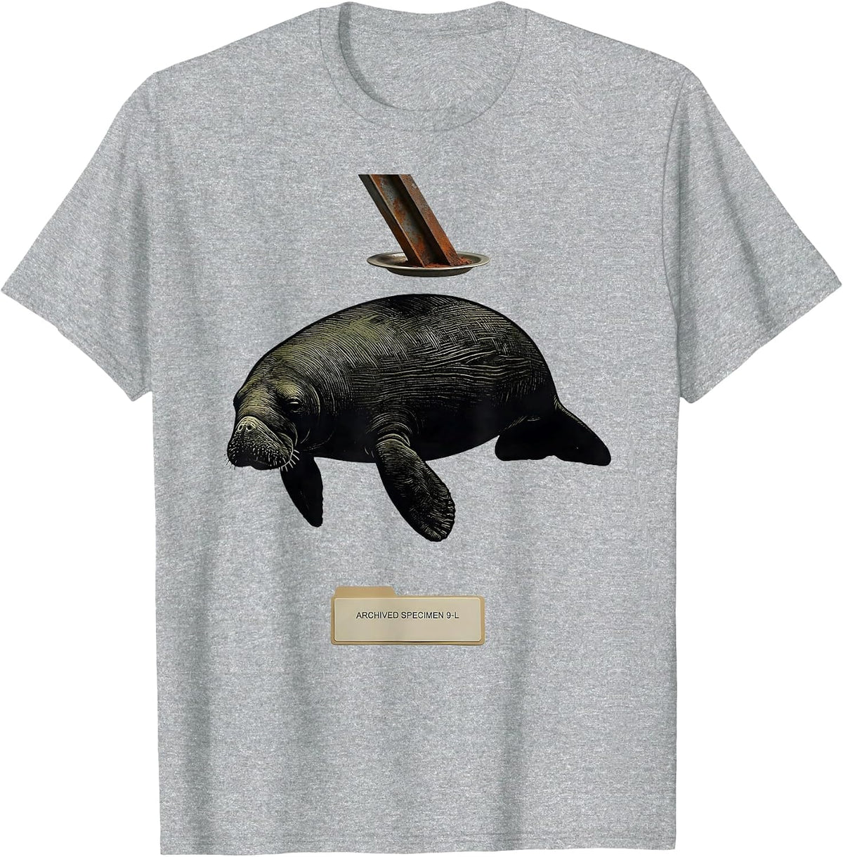 Men's Archived Specimen 9-L Funny Manatee Alien UFO Meme Humor T-Shirt - Heather Grey