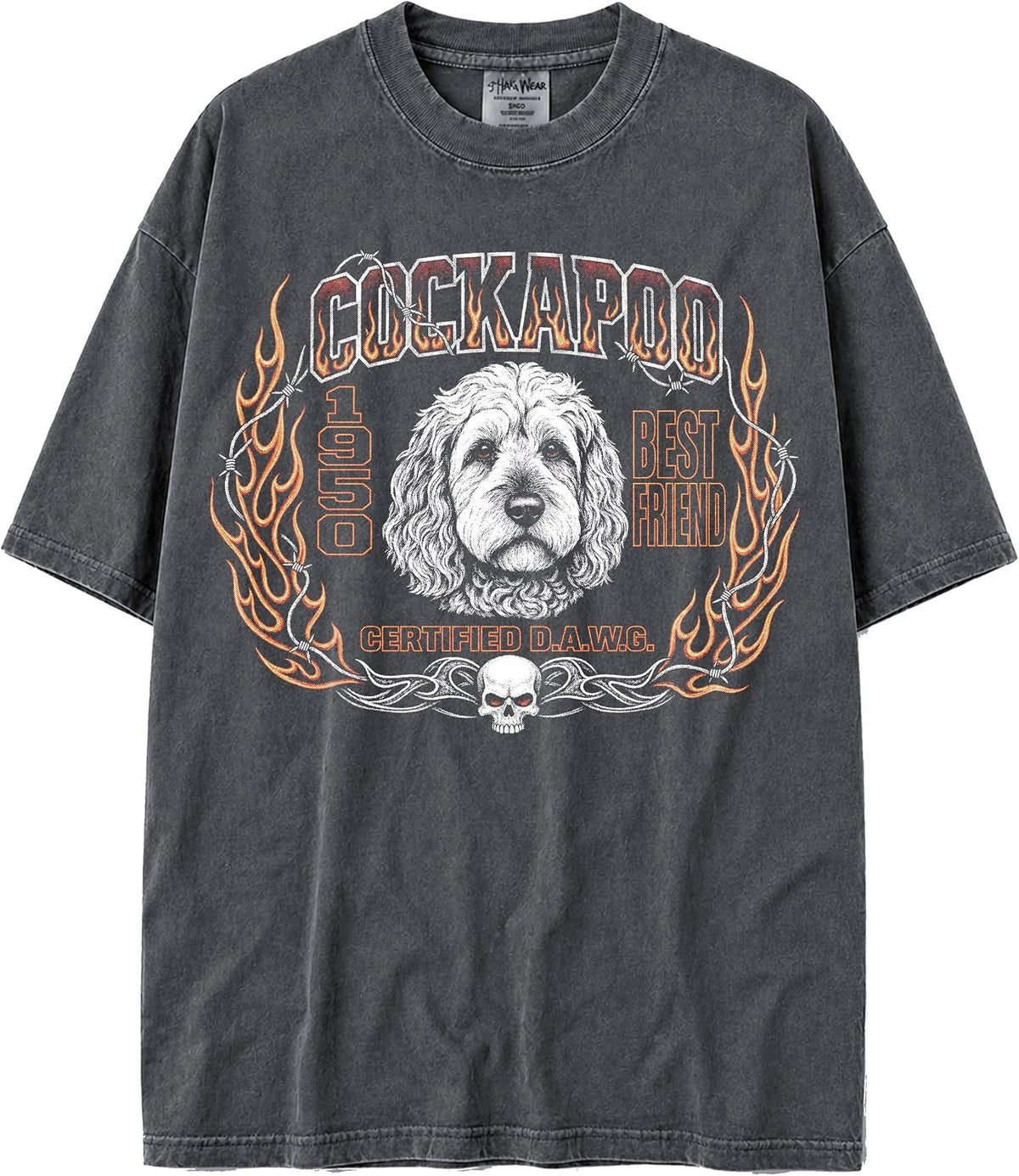 U.S.A. MAX-Heavyweight Shaka Wear Oversized 7.5oz Cotton Faded Tshirt Biker Graphic with Flames and Barbed Wire - Cockapoo