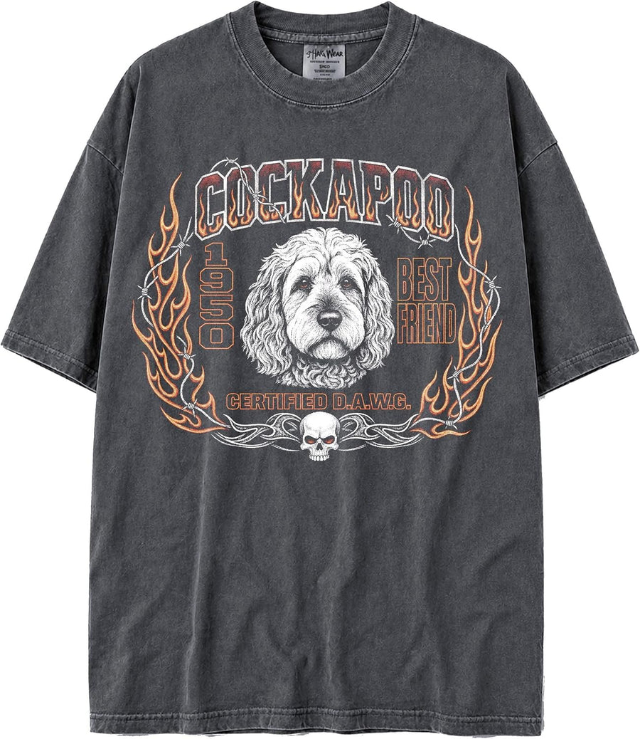 U.S.A. MAX-Heavyweight Shaka Wear Oversized 7.5oz Cotton Faded Tshirt Biker Graphic with Flames and Barbed Wire - Cockapoo