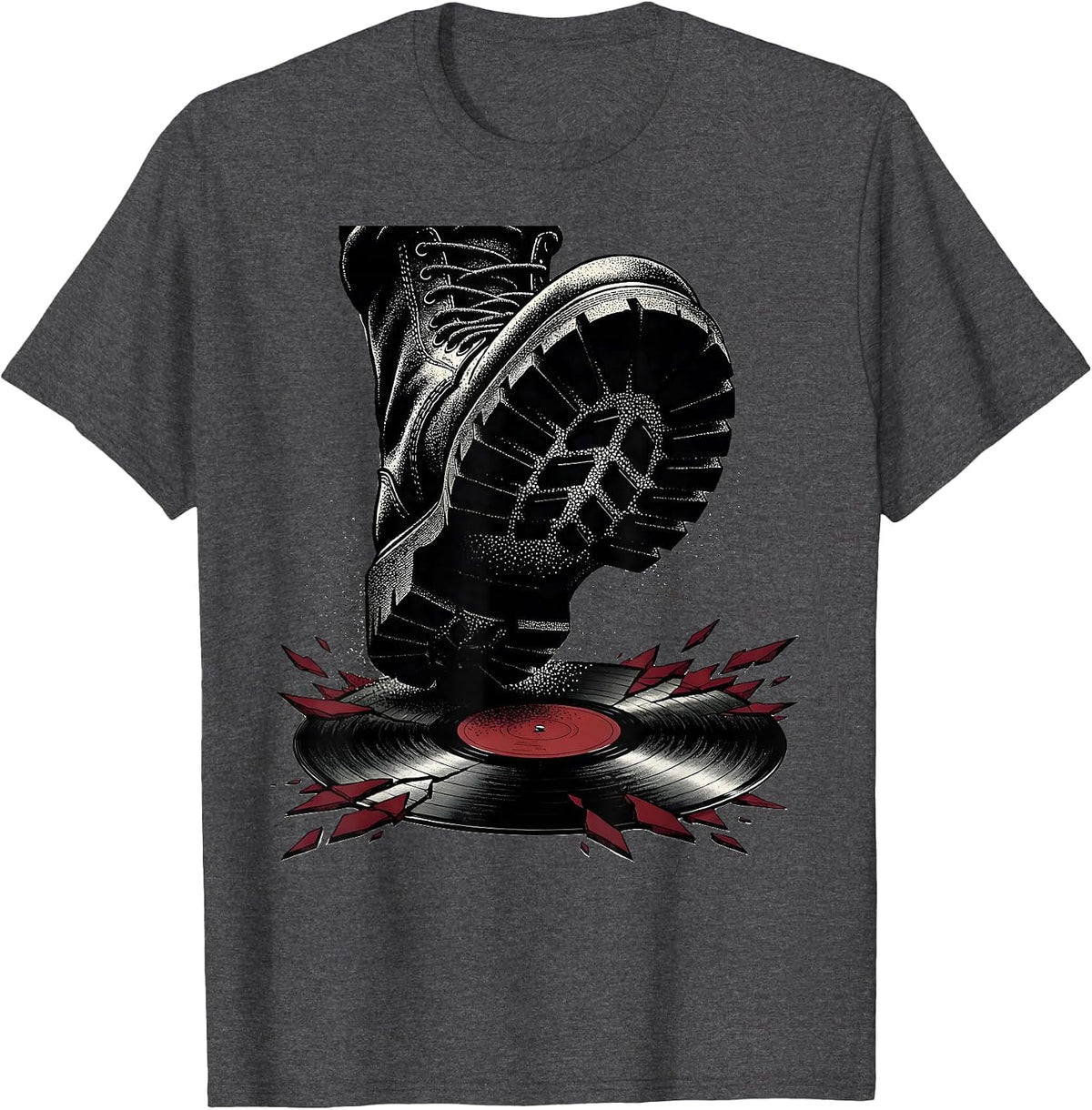 Punk Rock Boots Stomping Vinyl Record Graphic T-Shirt - Dark Heather Grey