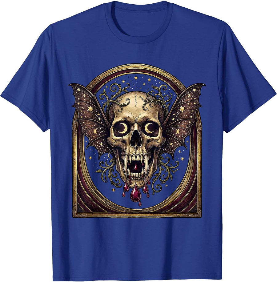 Dracula Fanged Skull Dripping Blood Gothic Design T-Shirt - Royal Blue