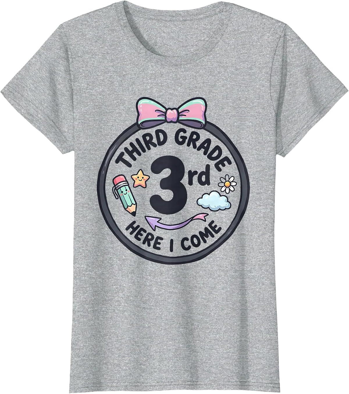 Third Grade Here I Come Kawaii Bow Back to School Girl T-Shirt - Heather Grey