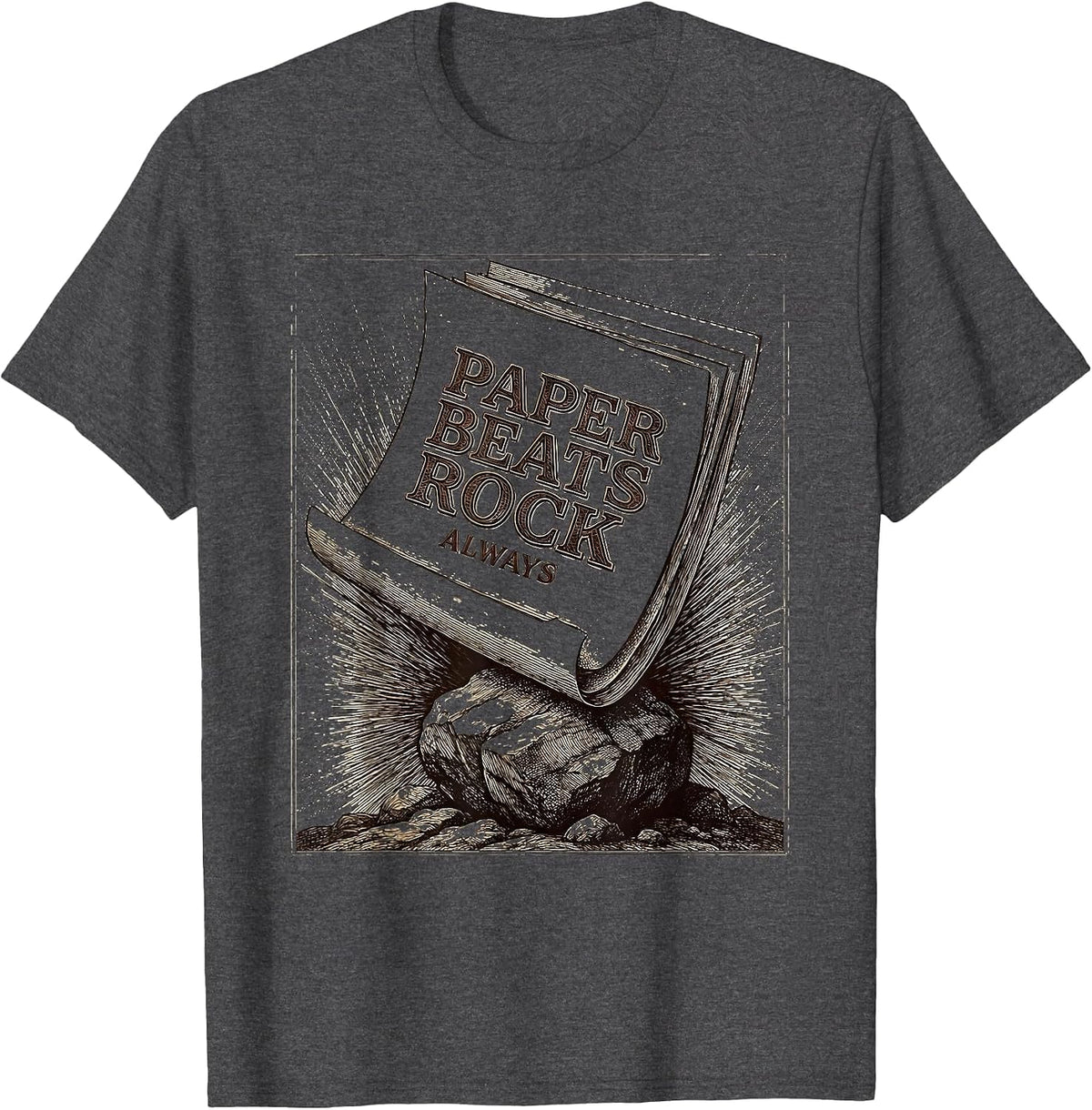Paper Beats Rock Always Funny Graphic Design T-Shirt - Dark Heather Grey