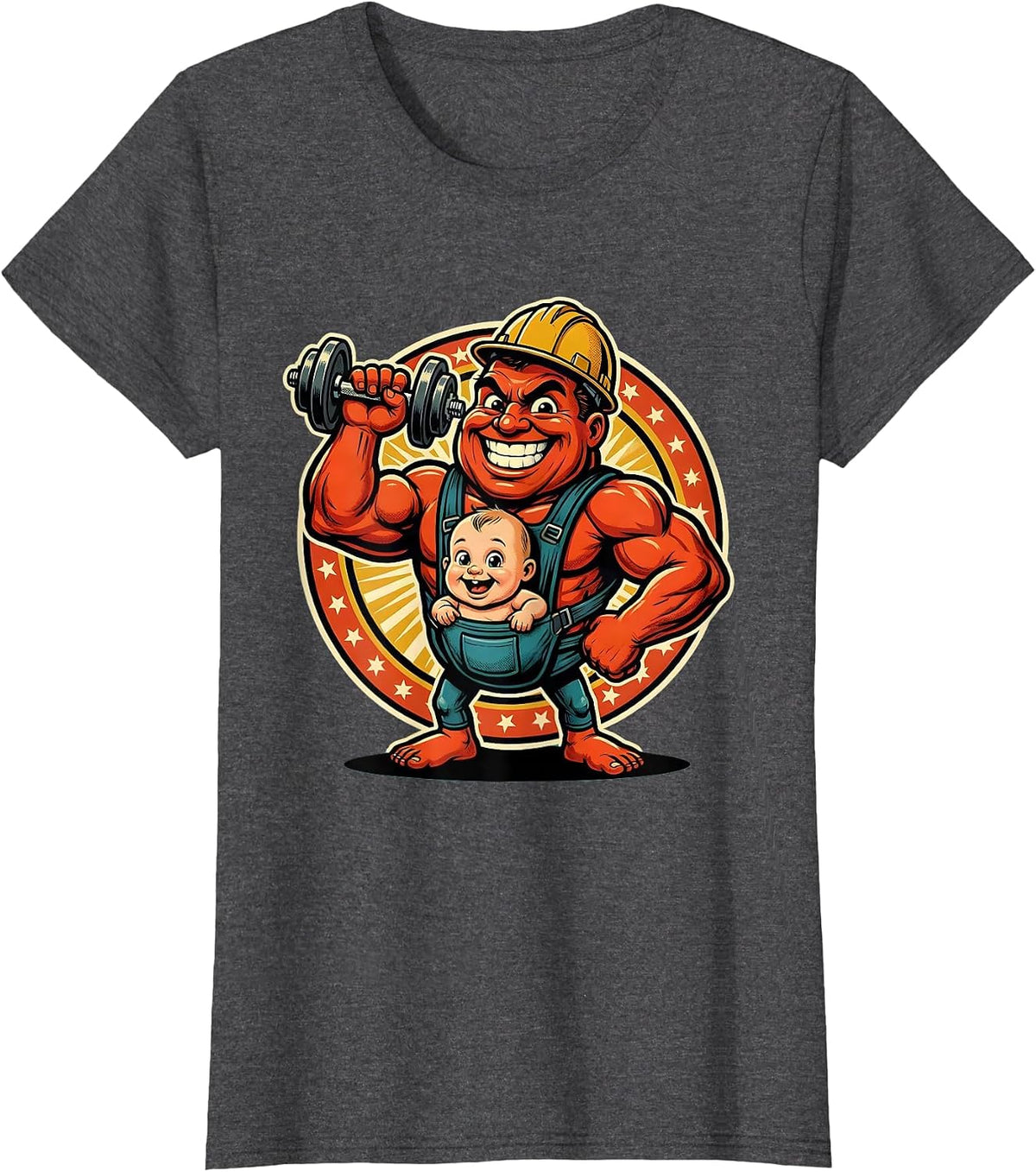 Women's Dad Baby Carrier Weightlifting Graphic Tee T-Shirt - Dark Heather Grey