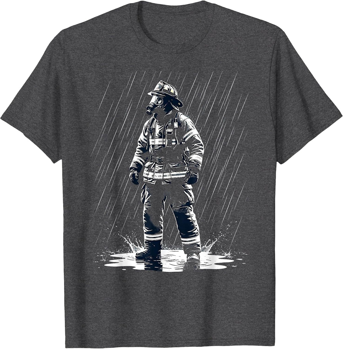 Men's Firefighter in Full Gear Standing in Heavy Rain T-Shirt - Dark Heather Grey