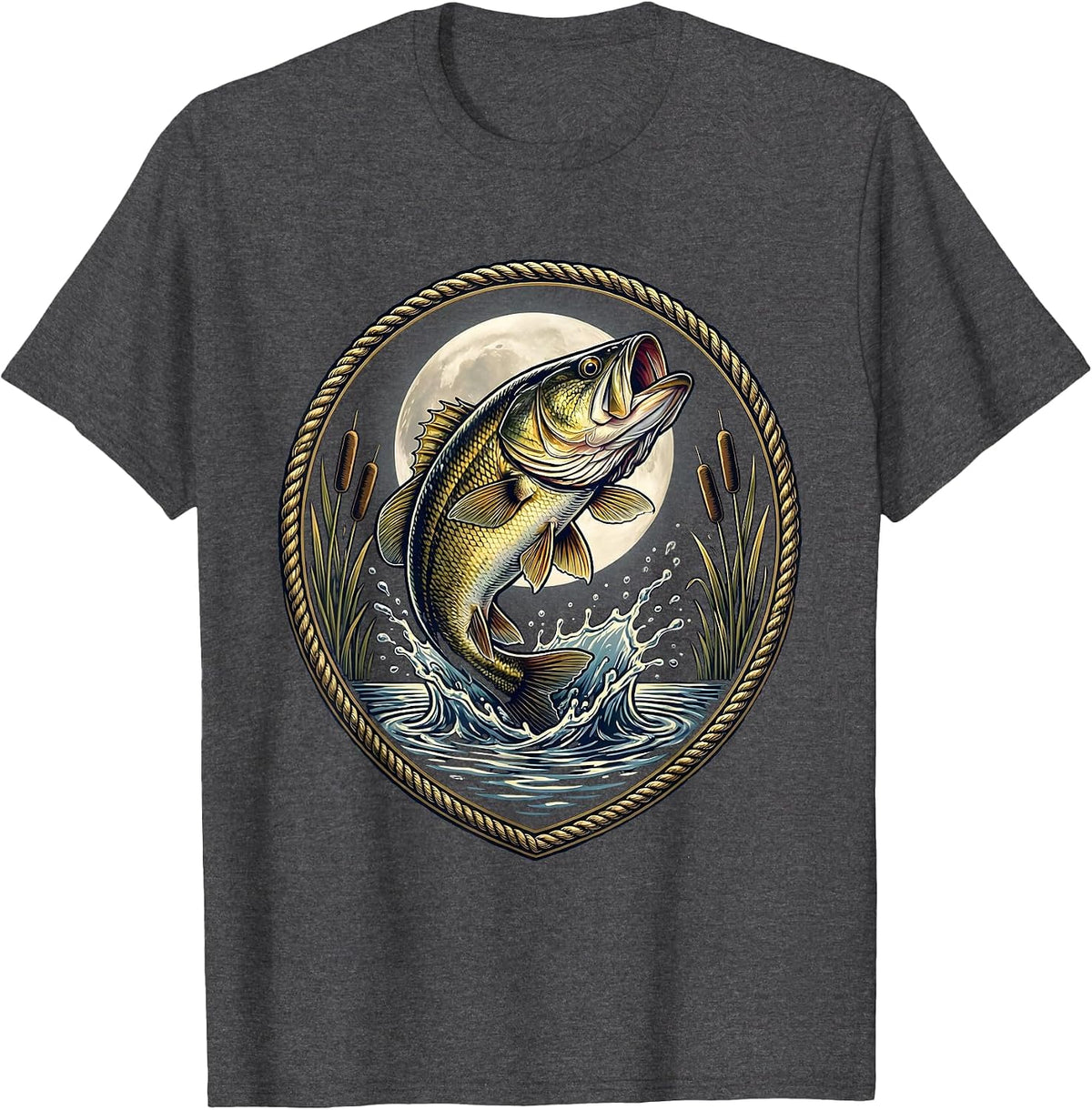 Bass Breaking Surface Full Moon Fishing Graphic T-Shirt - Dark Heather Grey