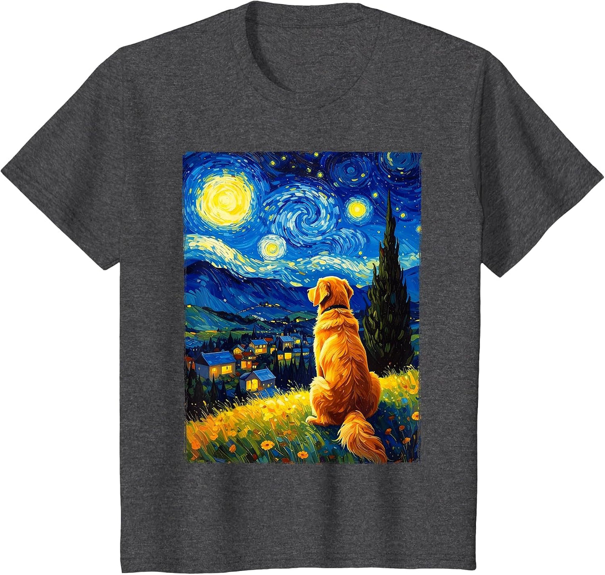 Van Gogh Starry Night Painting Golden Retriever Dog T-Shirt - Dark Heather Grey