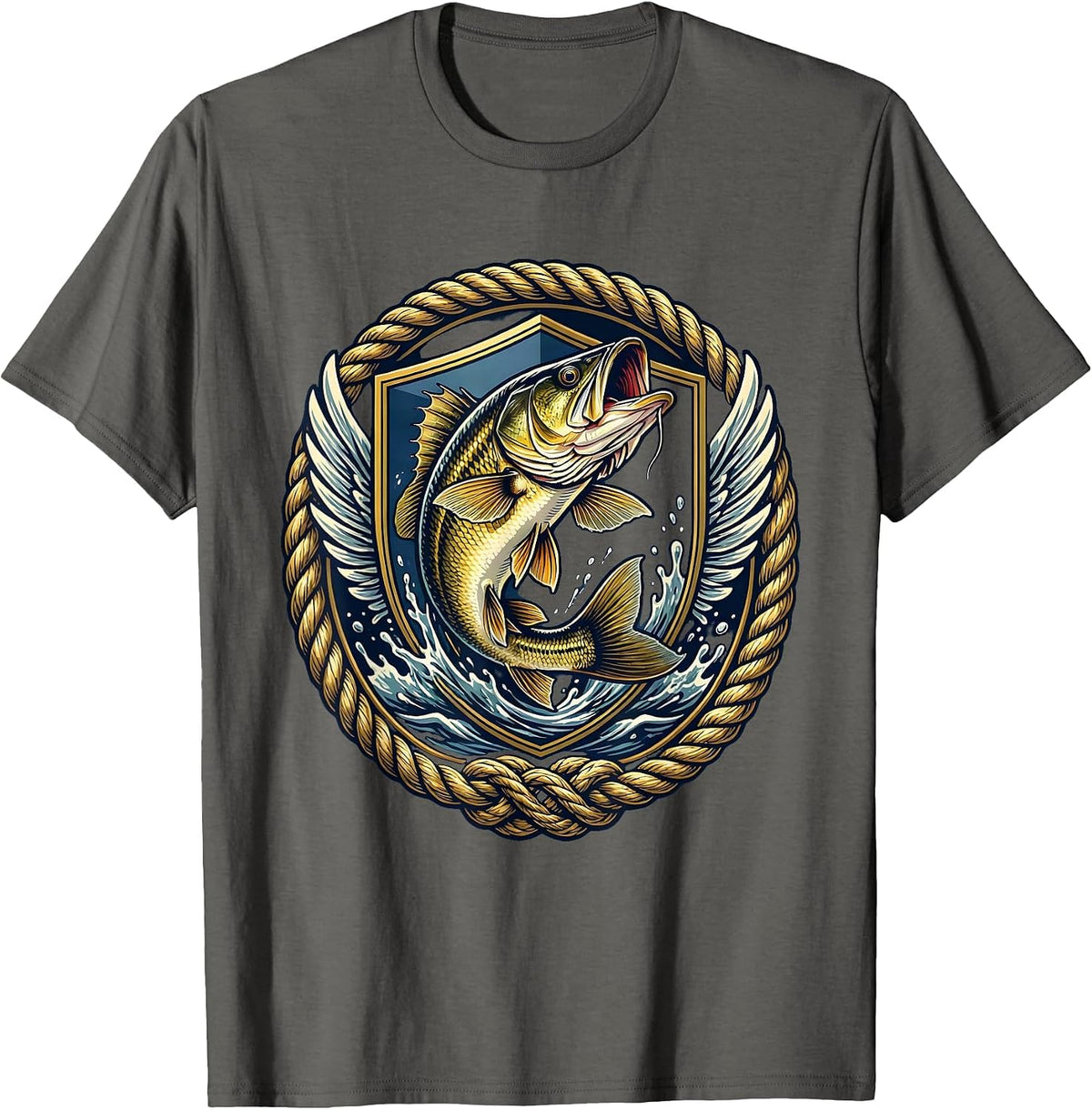 Men's Bass Fish Crashing Through Water Surface Design T-Shirt - Asphalt Grey