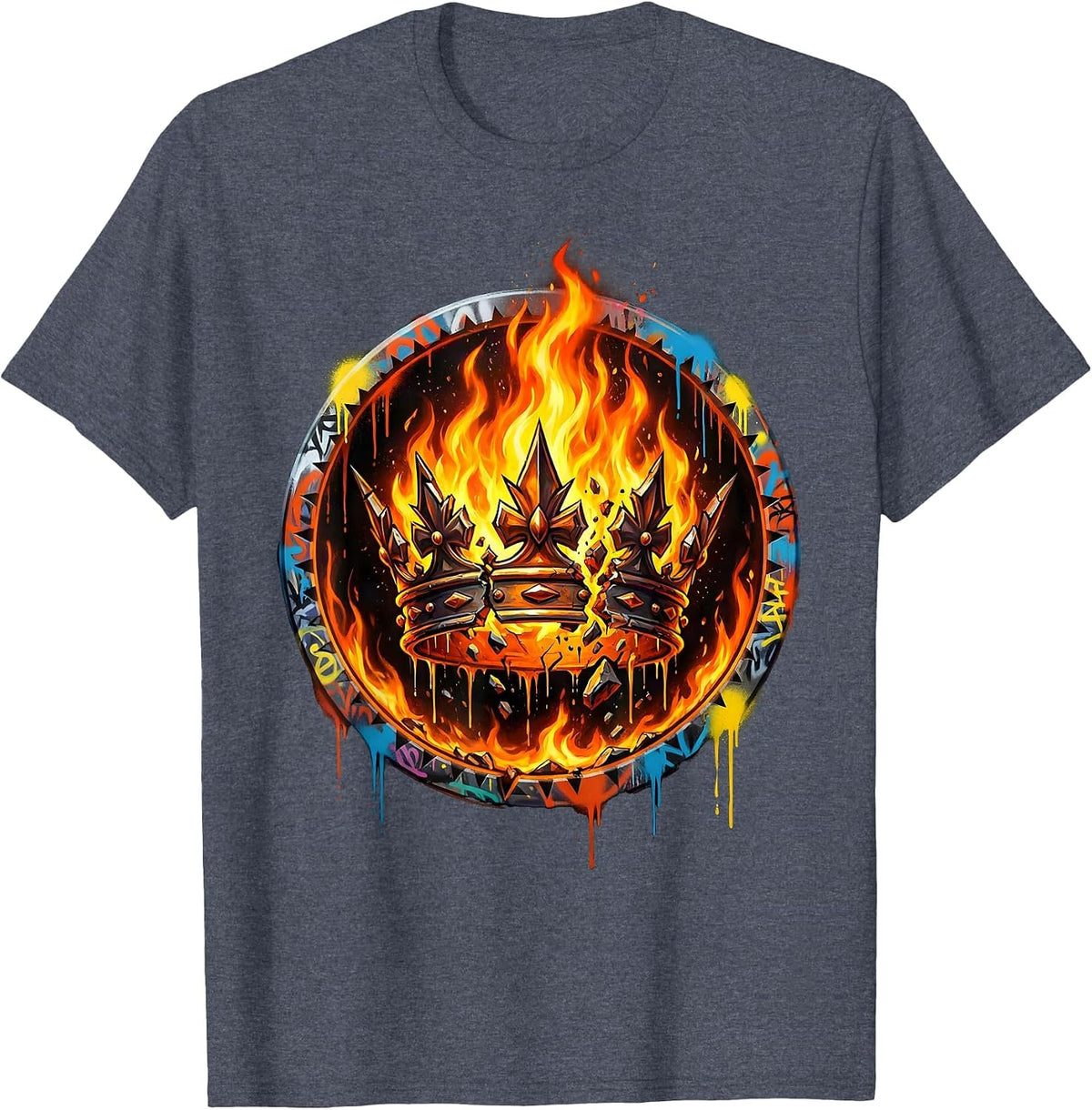 Crown In Flames No Kings Fire Illustration T-Shirt - Heather Blue