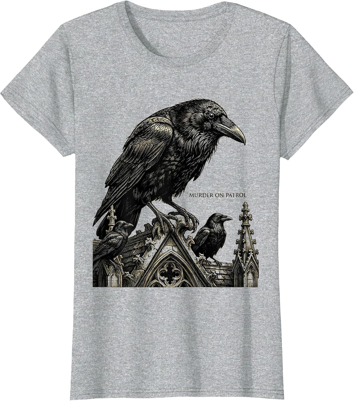 Murder On Patrol Gothic Crow Raven Dark Humor Bird Lover T-Shirt - Heather Grey
