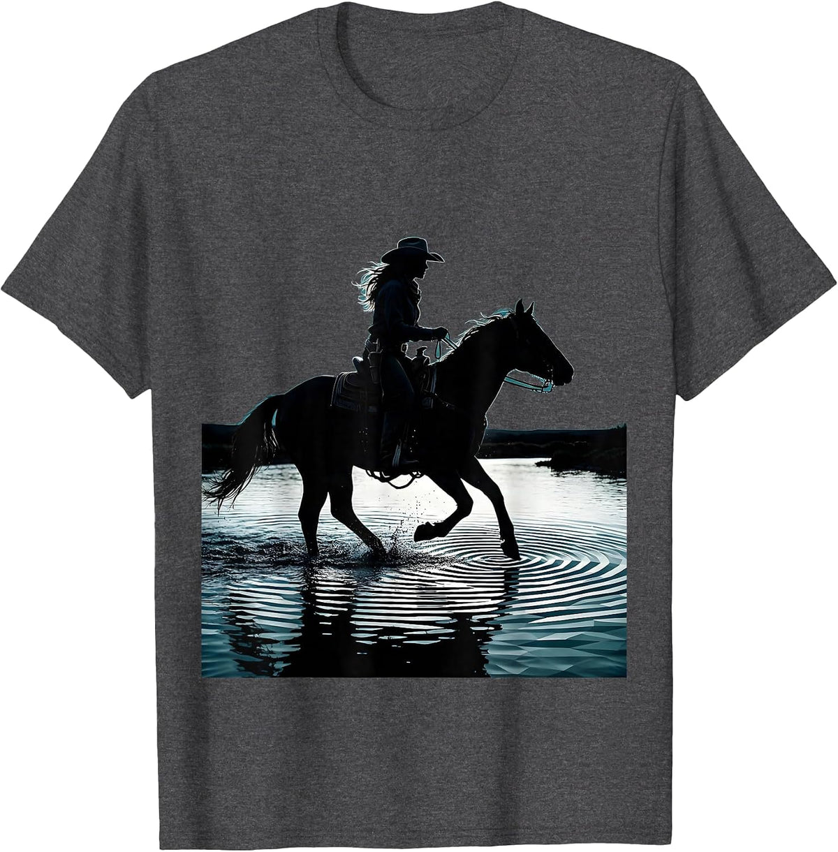 White Cowgirl on Horseback Crossing River T-Shirt - Dark Heather Grey