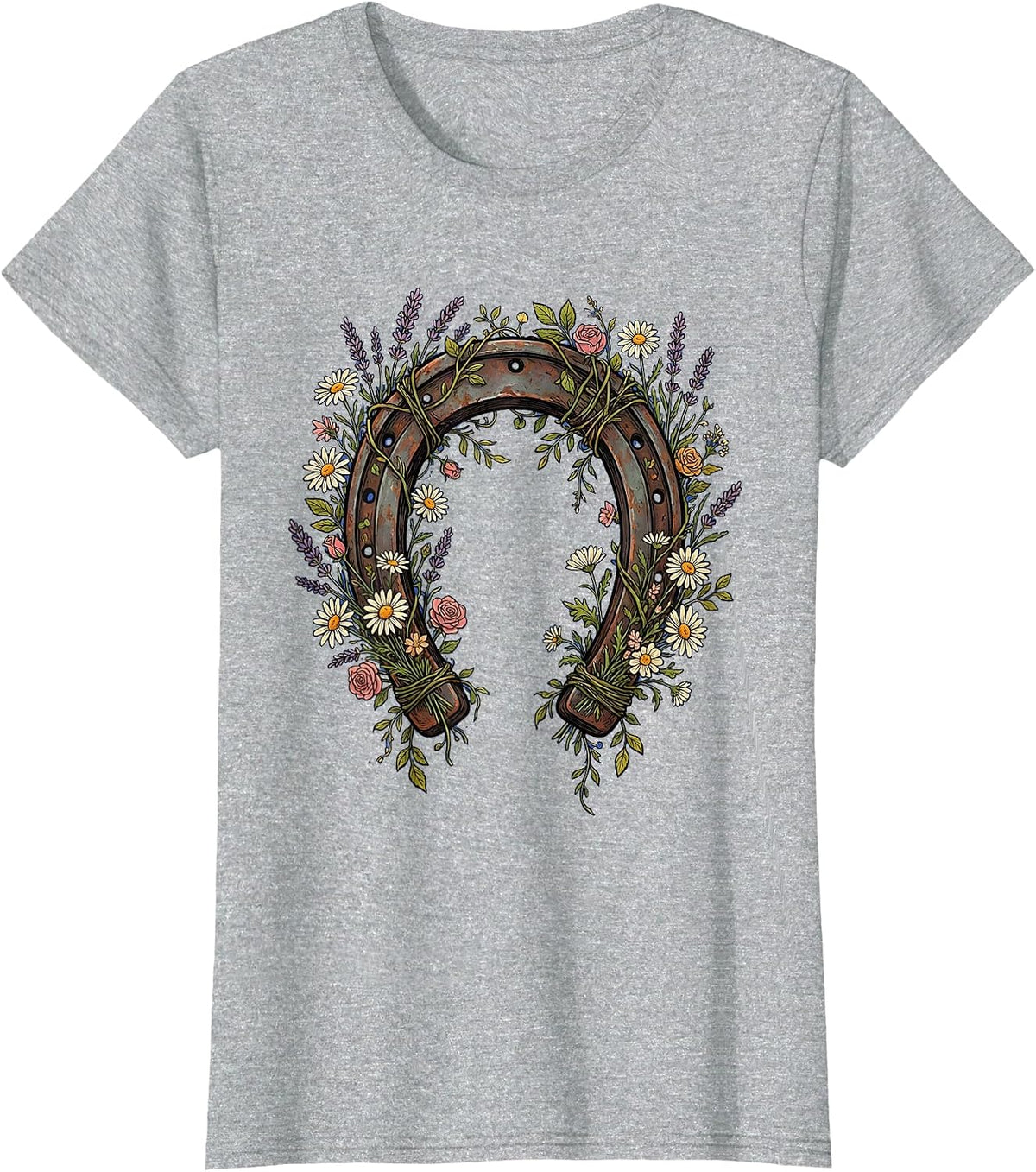 Horseshoe Wildflower Garland Cowgirl Design T-Shirt - Heather Grey