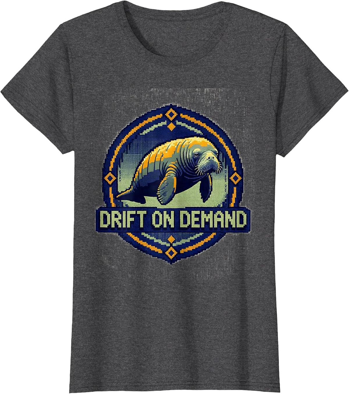 Women's Drift On Demand Cross Stitch Sampler Manatee Lover Humor T-Shirt - Dark Heather Grey