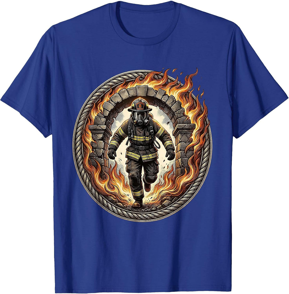 Firefighter Emerging From Flames Graphic T-Shirt - Royal Blue