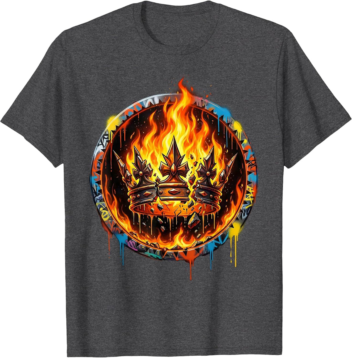 Crown In Flames No Kings Fire Illustration T-Shirt - Dark Heather Grey