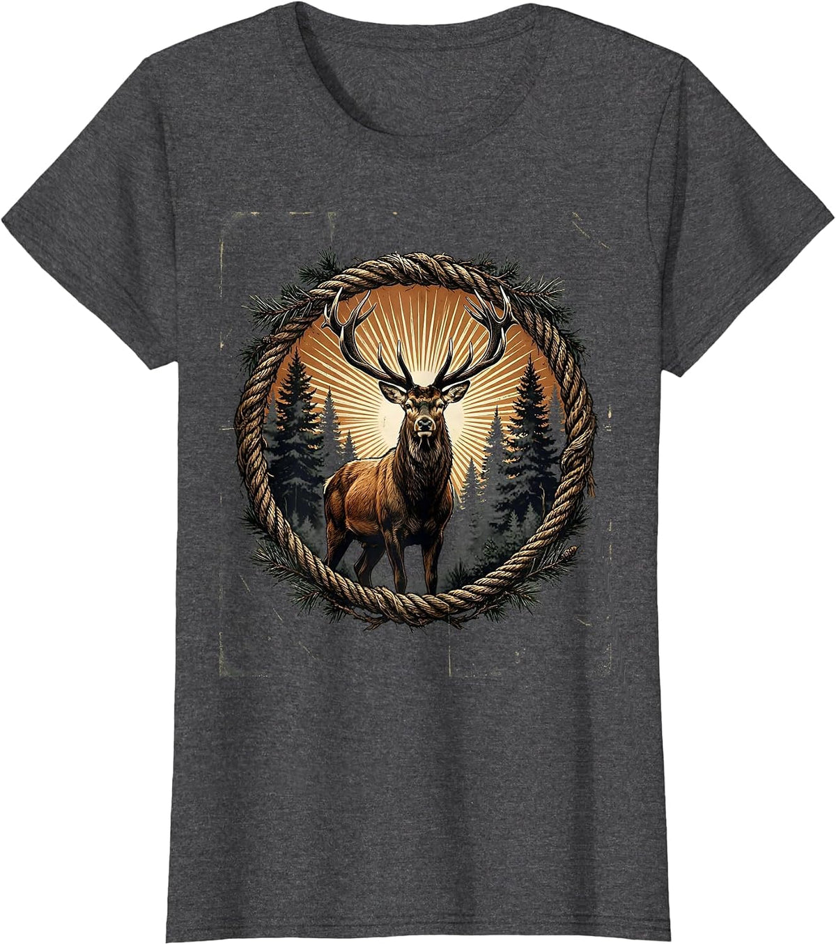 Women's Buck in Misty Forest Clearing Hunting Graphic T-Shirt - Dark Heather Grey