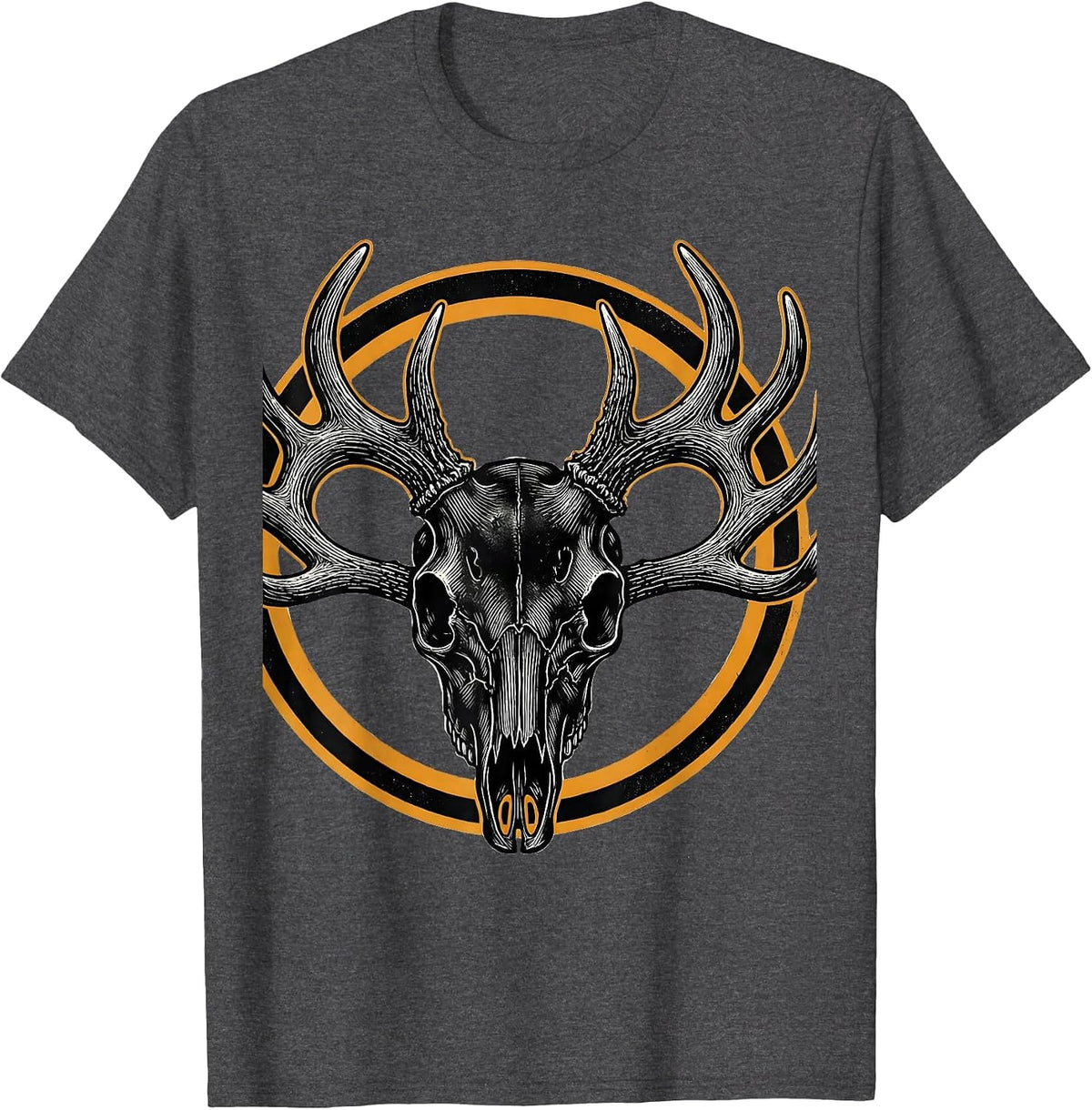 Men's Deer Skull Antler Rack Hunting Illustration T-Shirt - Dark Heather Grey