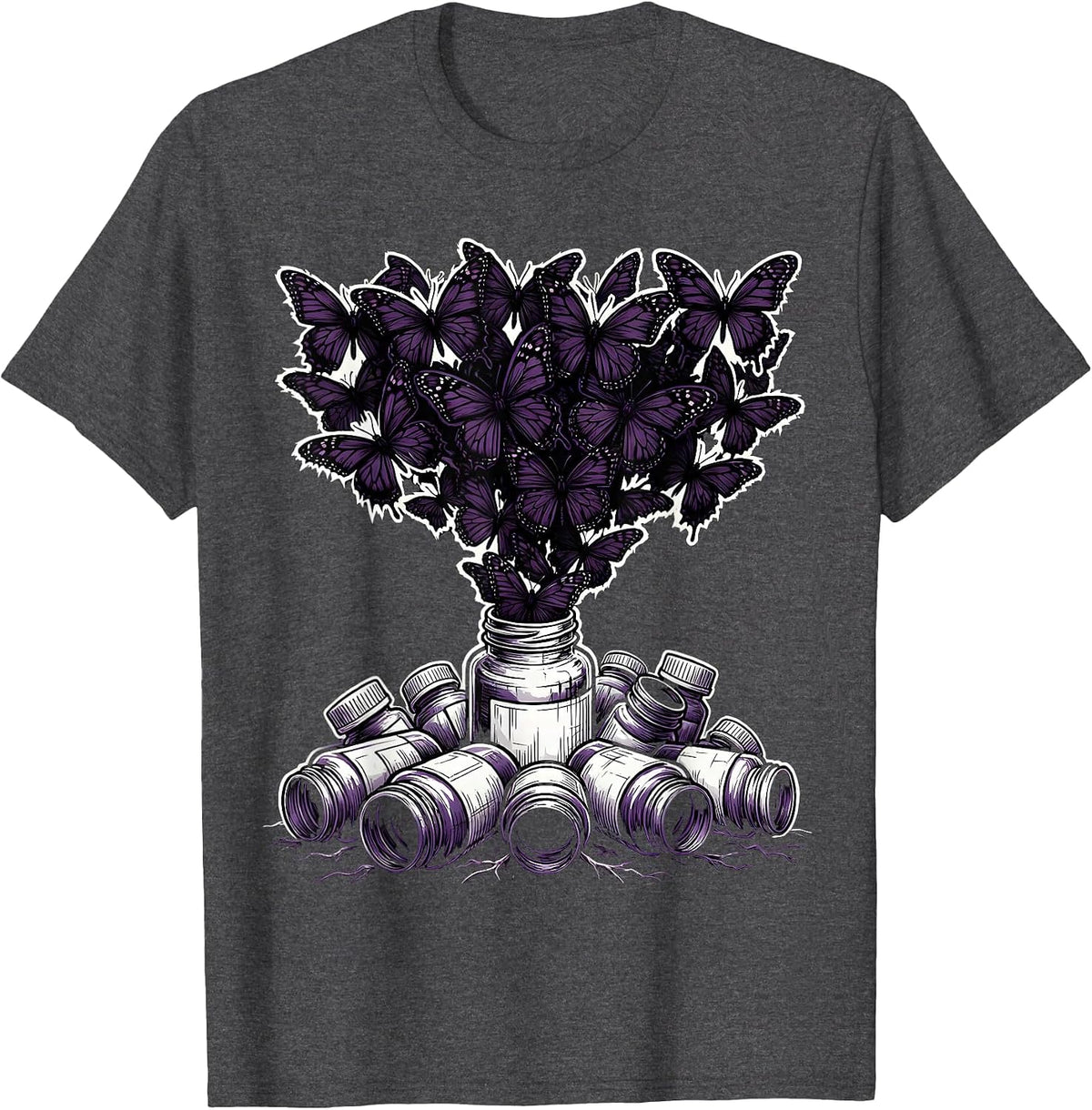 Men's Emo Pill Bottles Black Butterflies Graphic T-Shirt - Dark Heather Grey