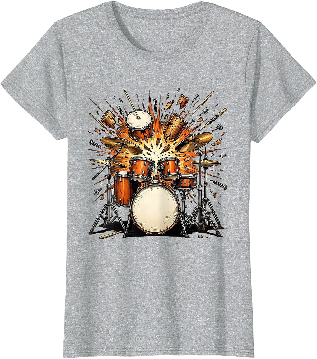 Exploding Drum Kit Shrapnel Illustration T-Shirt - Heather Grey