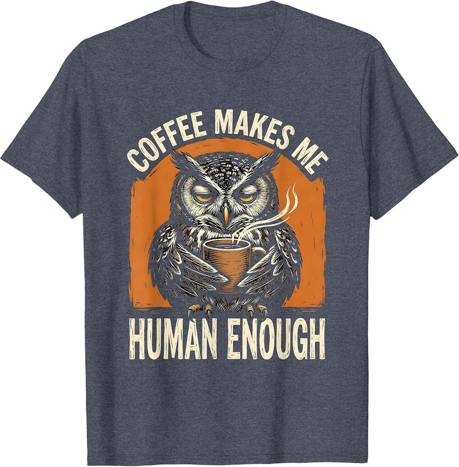 Coffee Makes Me Human Enough Funny Coffee Lover Linocut T-Shirt - Heather Blue