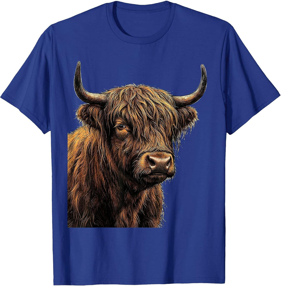 Highland Cow Bust Funny Cute Cow Lover Graphic T-Shirt - Royal Blue