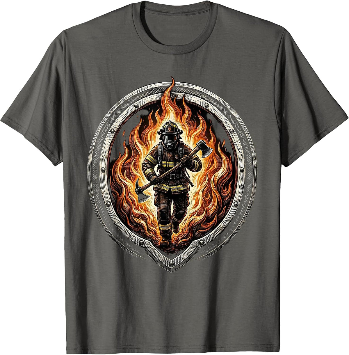 Men's Firefighter Silhouette Walking Through Flames T-Shirt - Asphalt Grey