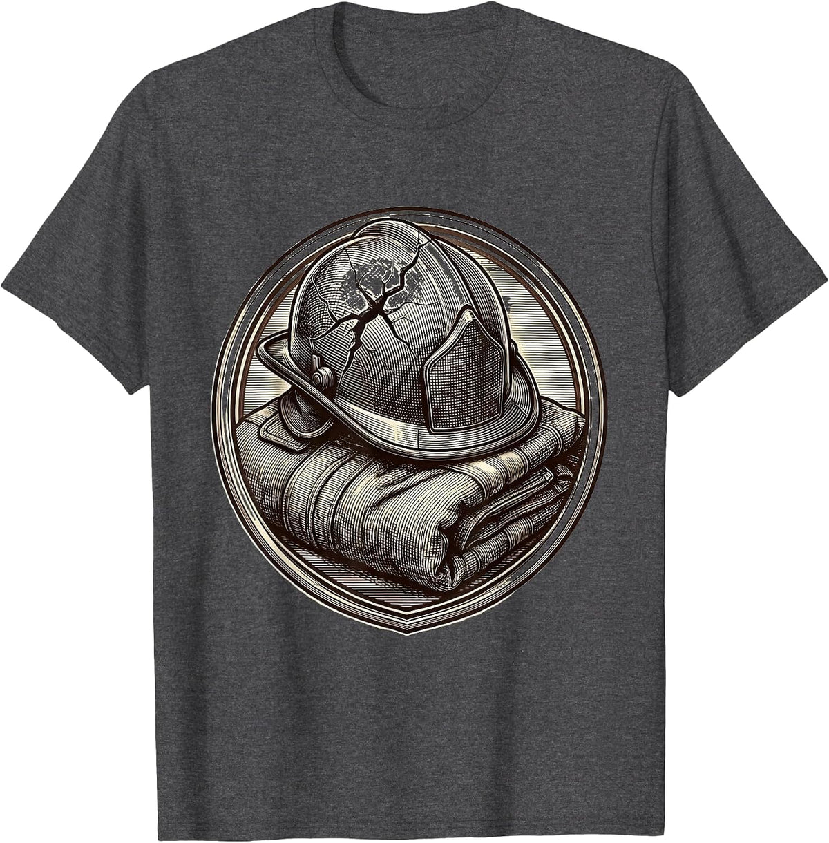 Cracked Firefighter Helmet and Folded Jacket Design T-Shirt - Dark Heather Grey