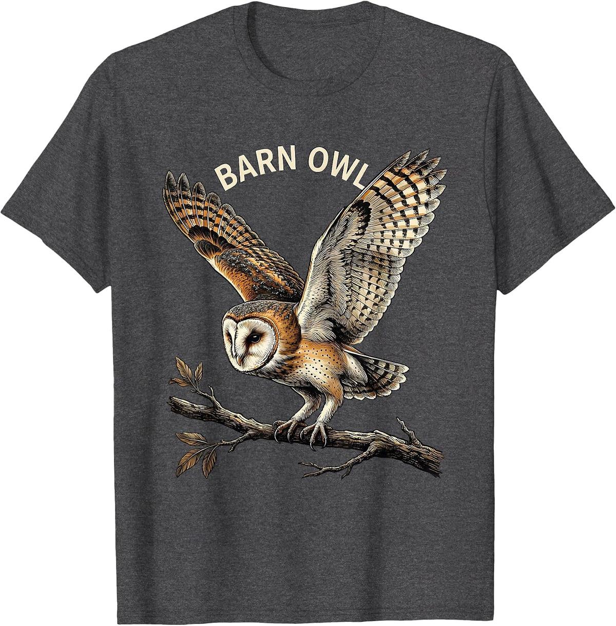 Barn Owl Whimsical Nature Lover Illustration Vintage Style T-Shirt - Dark Heather Grey