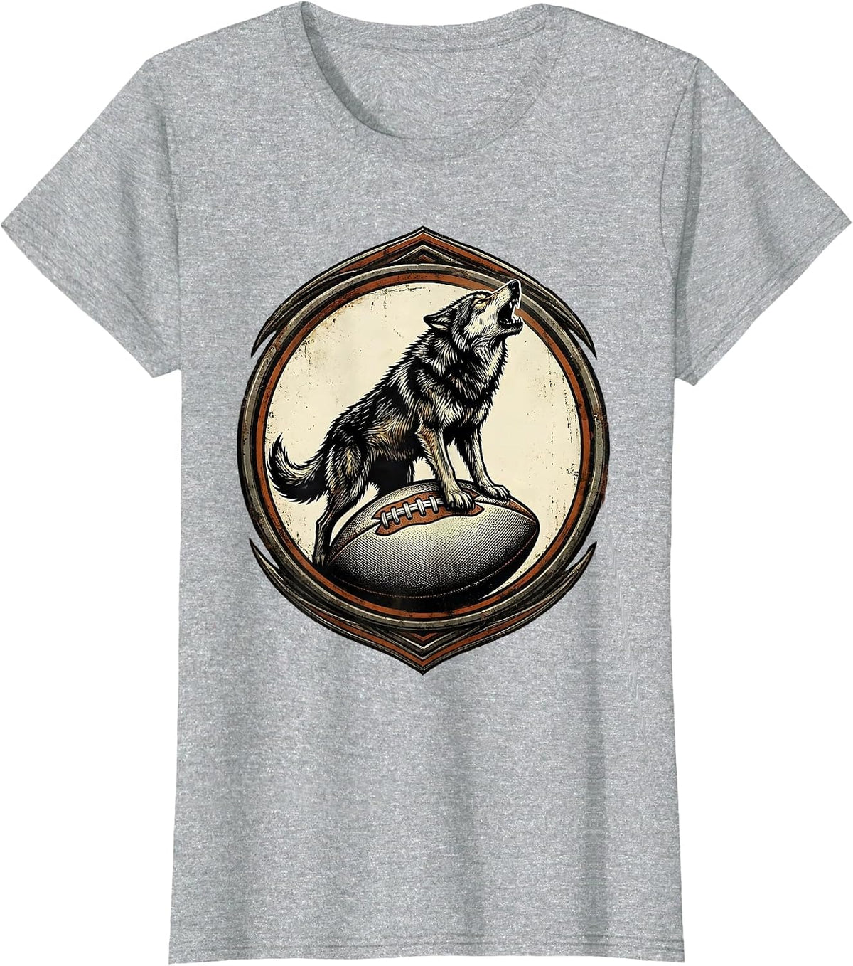 Wolf Howling on Rugby Ball Graphic Design T-Shirt - Heather Grey
