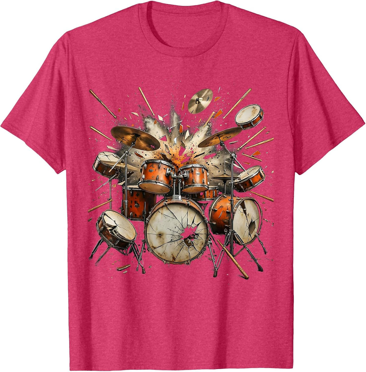Exploding Drum Kit Starburst Burst Illustration T-Shirt - Red Heather