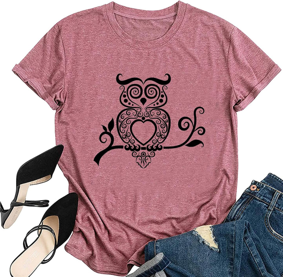 Animal Shirt for Women Funny Owl Print T-Shirt Cute Aesthetic Tees Casual Short Sleeves Top Novelty Blouse - Pink