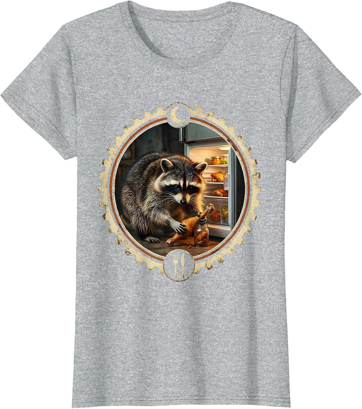 Midnight Raccoon Fridge Raid Funny Graphic Tee T-Shirt - Heather Grey