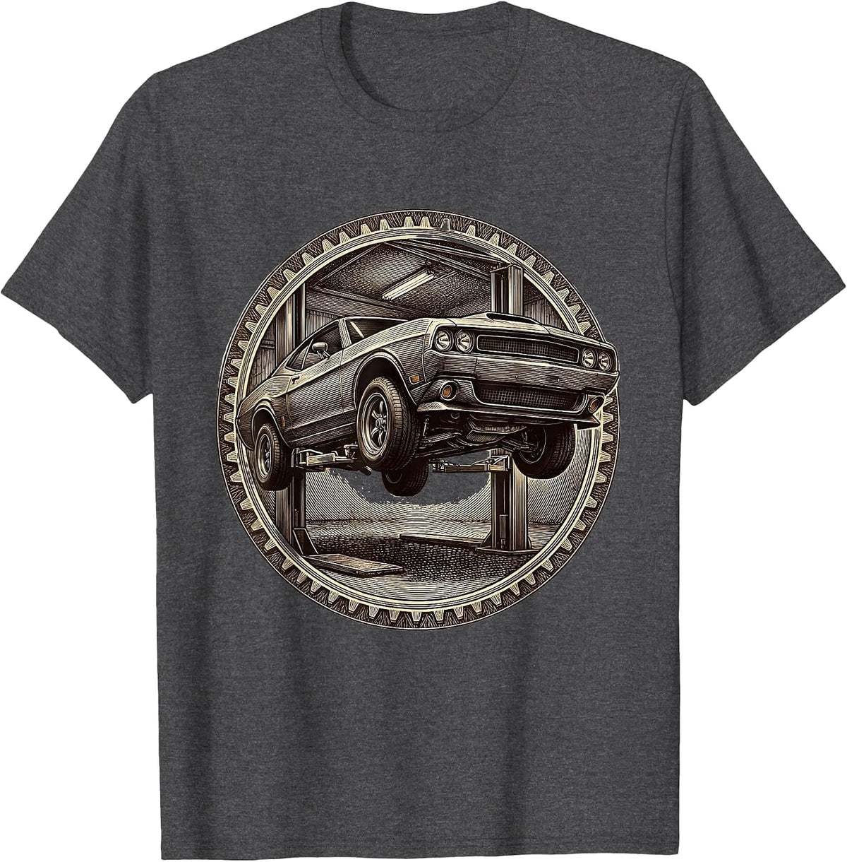 Men's Valley Forge Automotive Raised Car Hydraulic Lift T-Shirt - Dark Heather Grey
