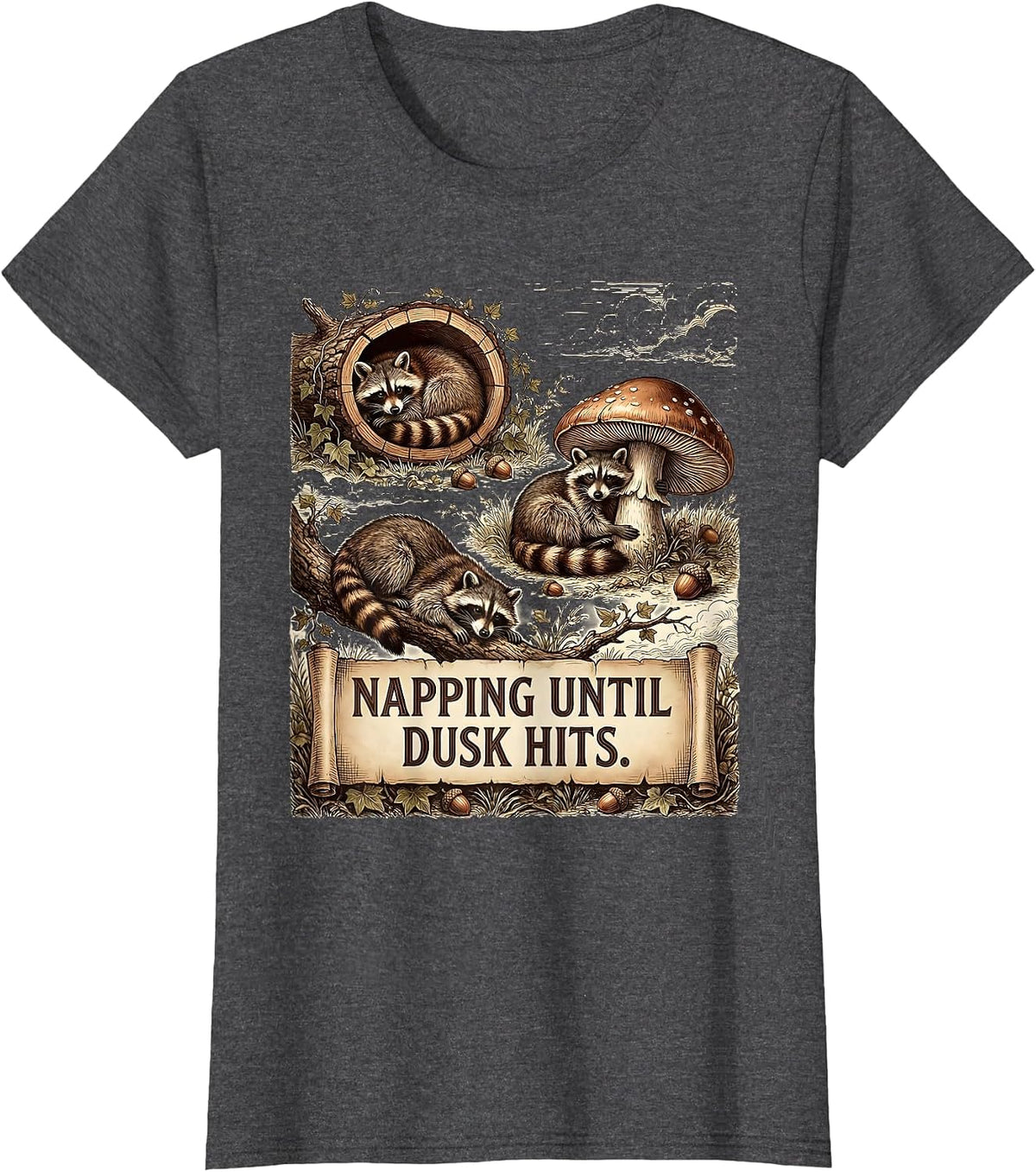 Women's Raccoon Napping Until Dusk Hits Design T-Shirt - Dark Heather Grey